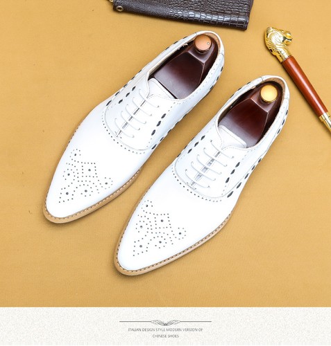 White Wedding Shoes Mens Pointy Toe Carved Formal Dress Business Real Leather Sz - Picture 9 of 13