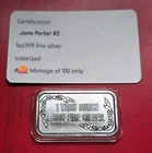 NEW! Sexy Jane Porter Backshot - 1 oz .999 Fine Silver Colorized Bar COA /100