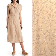 LUCKY BRAND Midi Shirt Dress Button Front Leopard Beige Coastal Brunch Collared