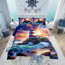 3D Lighthouse Comforter Set King Size - Dreamy Sunset Coastal Bedding 3Pcs