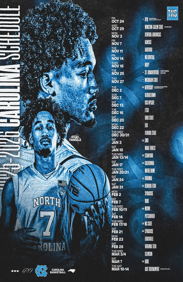 Мужской баскетбольный плакат North Carolina Tarheels 2025-2026 полное расписание 11 X 17 дюймов - Изображение 2 из 3