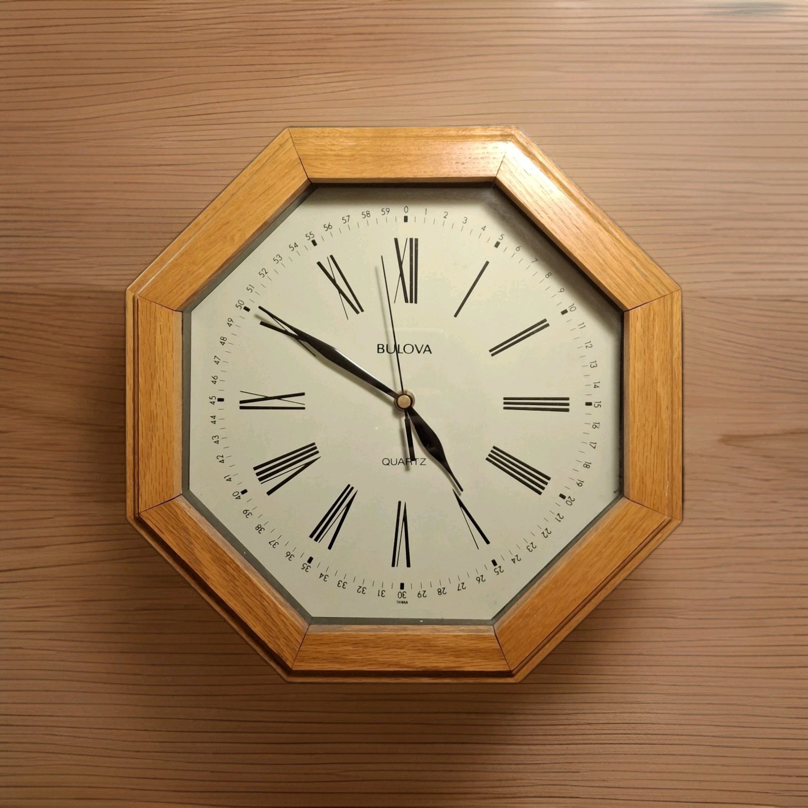 Vintage Bulova Wooden Wall Clock Octagon Wood Quartz Roman Numerals USA