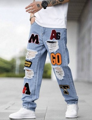 Men Patchwork Letter Jeans Distressed Denim Streetwear Pants