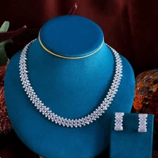 White Gold Plated Cubic Zirconia Choker Round Necklace Hoop Earrings Jewelry Set