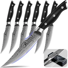 Steak Knives Set of 6 | 4.8" Non-Serrated Razor-Sharp German Steel Damascus