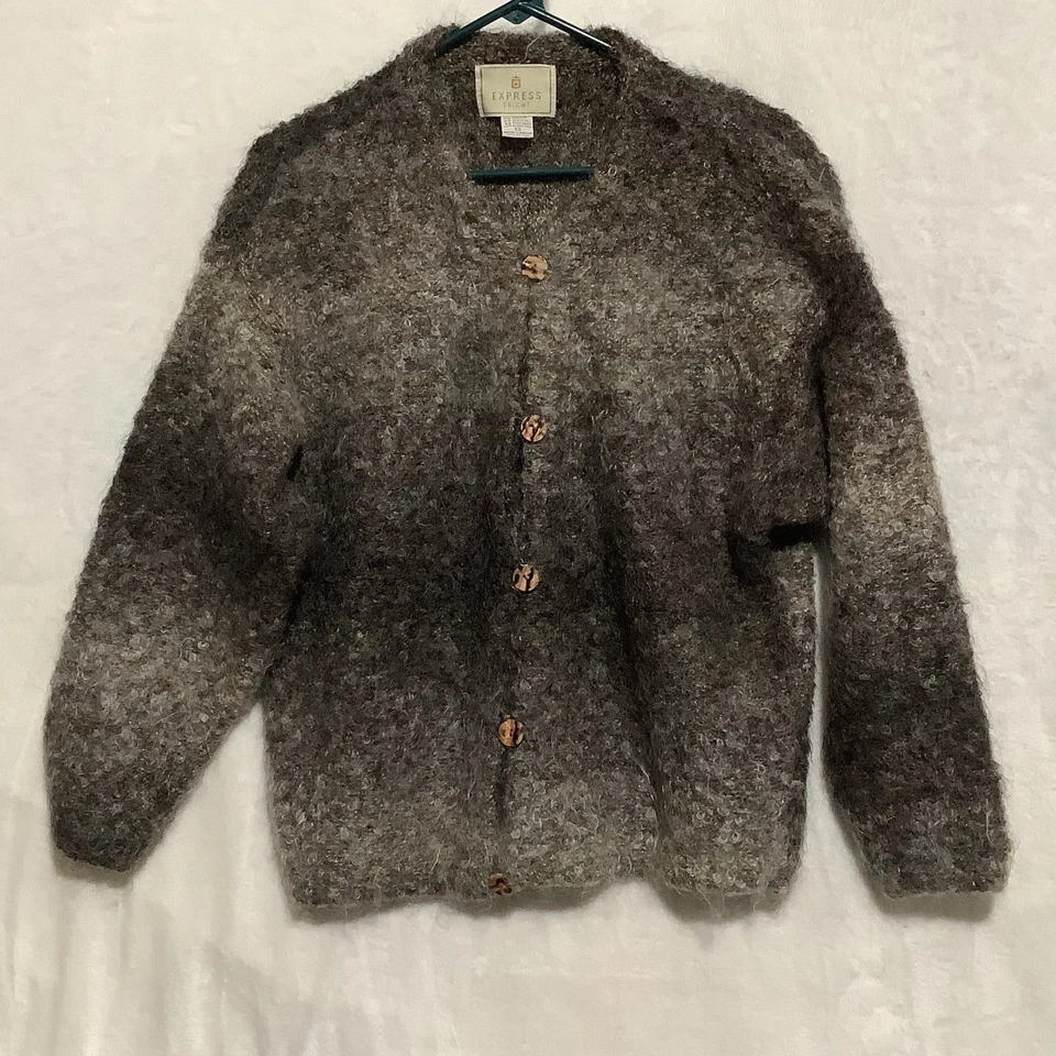 Cárdigan Suéter De Colección Express Tricot Mezcla Mohair MarrónGris Grunge SUAVE Talla XS Y2K Foto 2 de 4