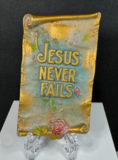 Antique AE Mitchell Art Co. JESUS NEVER FAILS Cast Metal Mini Sign