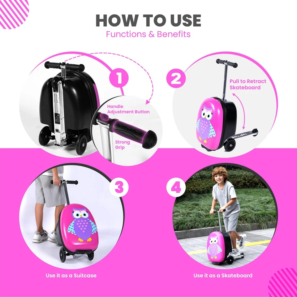 Maleta Scooter Niños Búho - Equipaje Plegable Niños con Ruedas - Multifuncional... Foto 2 de 4