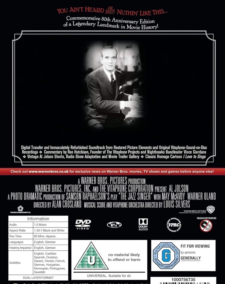 THE JAZZ SINGER DVD VINTAGE 20S FILM MOVIE AL JOLSON UK SELLER REGION 2 - Image 2 of 2