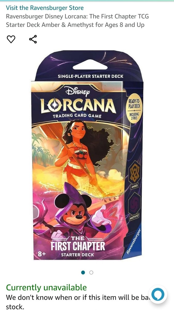 lorcana starter decks amber and amethyst Disney - Ursula's Return - Deck constructed deck with a specific card list* 58 trading cards Mickey Mouse as Wayward Sorcerer foil card Moana foil card 11 game tokens Booster pack with 12 randomized cards Rulebook Part of the Disney Lorcana Trading Card Game Collection Keep your deck protected in the Lorcana Robin Hood Deck Box! How to play the Amber