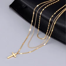 18K Gold Titanium Stainless Steel Gold 3 Layer Cross Choker Necklace 14-16" PE8