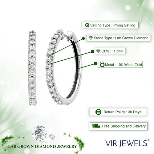 1 cttw Lab Created Diamond Hoop Earrings in 10K White Gold Round Prong 1 Inch - Picture 2 of 6