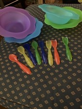 FisherPrice Utensils 4 forks 4spoons and 4 colored bowls unmarked