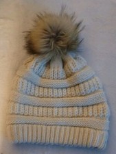 Women's Chunky Beige Knit Slouchy Hat With Faux Fur Pom Pom