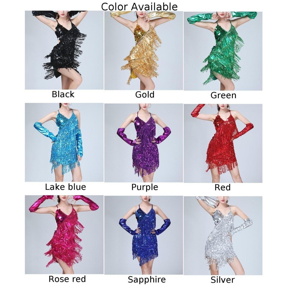 Backless Tassels Dress Women Halter Neck Tango Dance Costume Gold