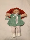 cabbage patch doll CPK red pigtails, green gingham checkered dress, hand tag