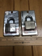 2 Vintage Steel Laminate Steel 1-1/2” Keyed Padlocks Double Lock Brass Cylinder