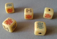 #726 - Set of 5 celluloid poker dice 1940s. 1940s Celluloid Poker Dice