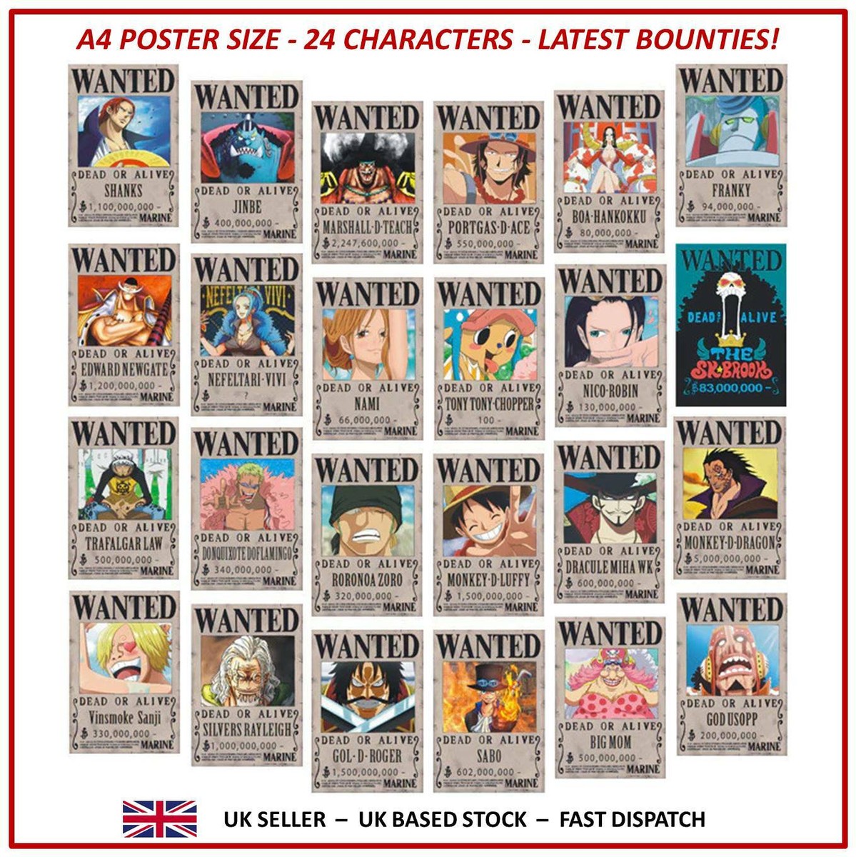 One Piece Wanted Posters Straw Hats A4 Luffy Zoro Nami Jinbe