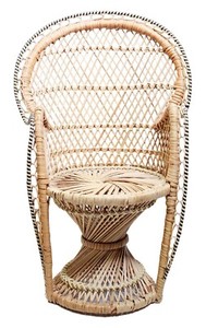Vintage Wicker Rattan Fan Back Peacock Handmade Doll Armchair 17"