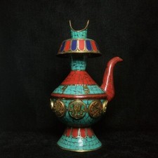 H 7.5 inch Chinese Ancient Bronze Handmade Inlaid Turquoise Tibet Butter Tea Pot