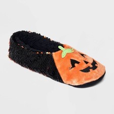 Women's Pumpkin Flip Sequin Pull-On Slipper Socks with Grippers S/M or M/L NWT N