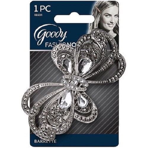 Goody Hair Barrette Fashionow Metal Butterfly Clip Faux Diamonds Gems Silver - Picture 1 of 12