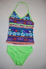 Girls Swimsuit 2 PC TANKINI SET Halter HAWAIIAN HIBISCUS Neon Green Blue S 6-6X