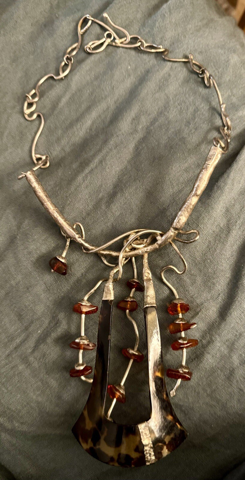 Artisan Signed Statement Necklace Amber Sterling … - image 5