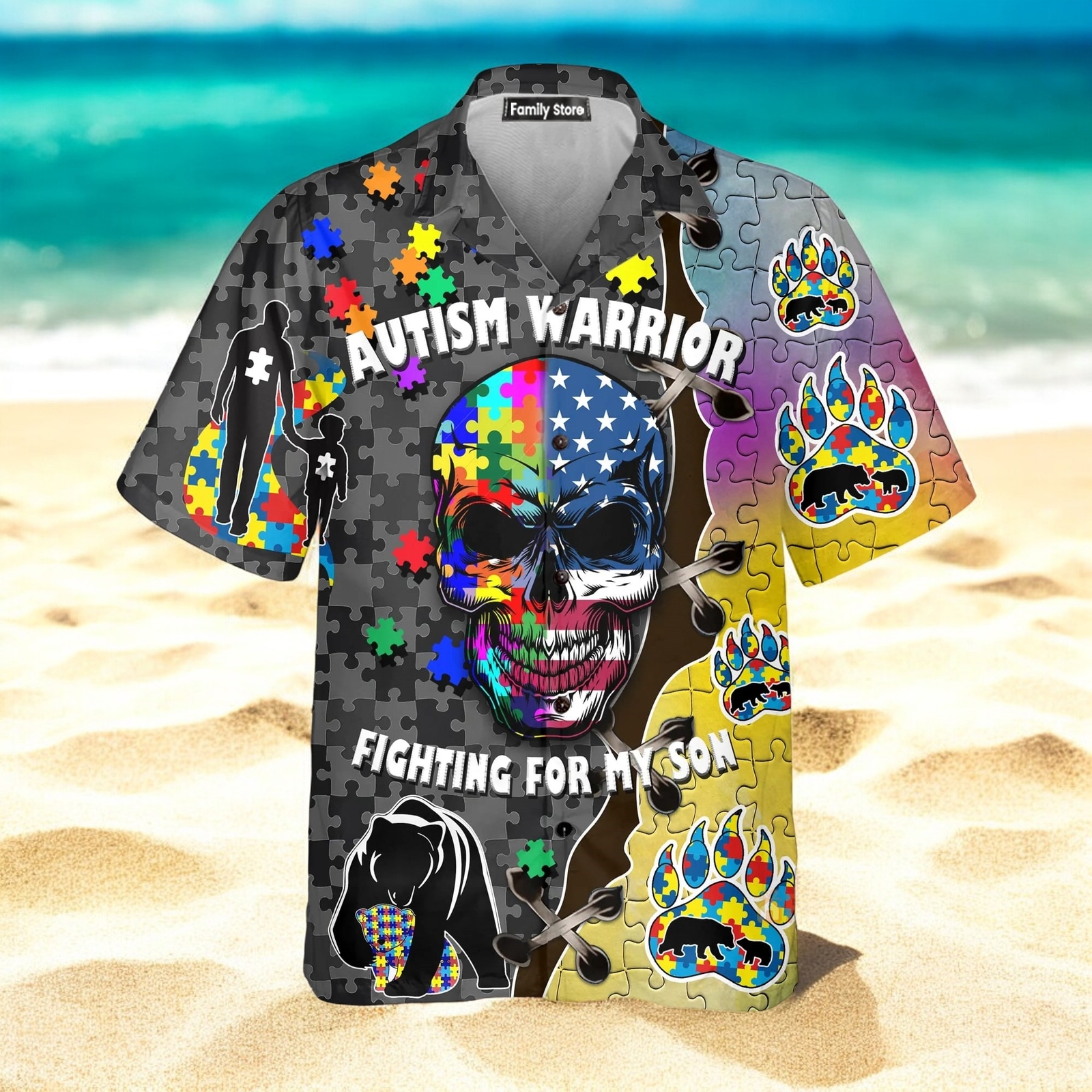 Autism Warrior Son Puzzle Skull Hawaiian Shirt for Men