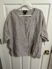 Tahari 100% Linen Boxy Lagenlook Beige Button Front Top Size Large
