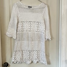 White Crocheted Tunic Swimsuit Cover Up Dress Sz S 4SI3NNA Beach Boho Festival