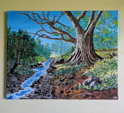 Aceyic Painting Tree Forest Stream Path Landscape 16  X 20  Signed Native Artist
