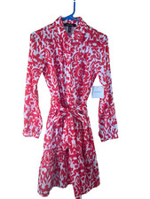 ELLEN TRACY Dress XS Floral Tiered Shirtdress Ruffled Tie Front Button Front Red
