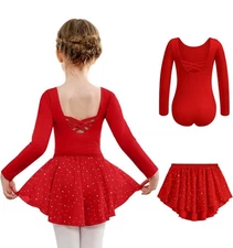 Size 4T-5T Red Arshiner Ballet Leotard with Chiffon Skirt, Crisscross Back