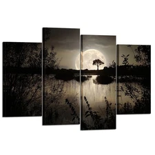 KREATIVE ARTS - 4 Pieces Canvas Prints Wall Art Big Moon over Lake in Dark Fo...