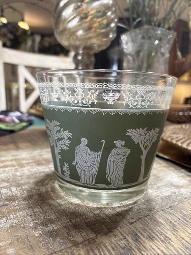 VTG MCM Jeanette Glass Greek Hellenic Green Ice Bucket