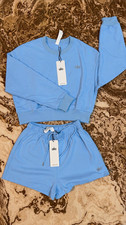 Alo Blue 2-Piece Sweatsuit Set Crewneck Pullover Shorts Drawstring M