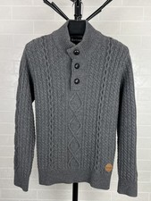 BARBOUR Sweater Heavy Cable Knit Kirkham Half Button Logo Storm Grey Mens Size L