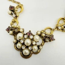 Vtg Victorian Revival Necklace Rhinestone Faux Pearls Brass Czech Austria German