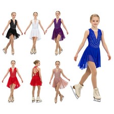 Mädchen Eiskunstlauf Kleid Kinder Rollschuhkleid Strasssteinen Tanzkleid Mesh – Bild 4