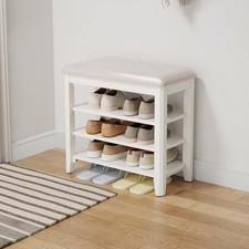 Shoe Bench with Leather Cushion, 3 Tiers Shoe Storage Bench 23.62" White