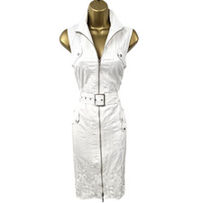 Karen Millen UK 14 Vintage White Embroidered Belted Cotton Safari Shirt Dress