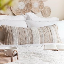 BlissBlush Cream Decorative Lumbar Throw Pillow Cover 14x36 Boho Long Cushion fo