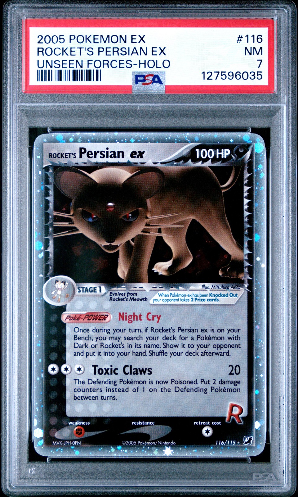 2005 POKEMON EX UNSEEN FORCES #116 ROCKET'S PERSIAN EX-HOLO PSA 7