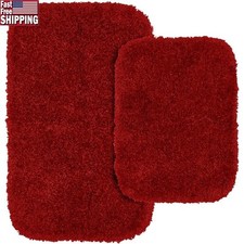Machine Washable Non-Slip Nylon Bath Rug Set 2 Piece Soft Plush Comfort Red New