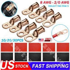 10/30Pcs Copper Wire Lugs 1/0 2 AWG Battery Cable Ends Ring Terminals Connectors