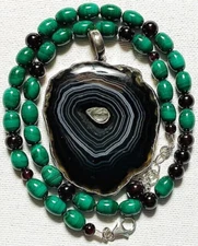 Handcrafted Malachite & Garnet Bead Sterling Silver Necklace w/Pendant