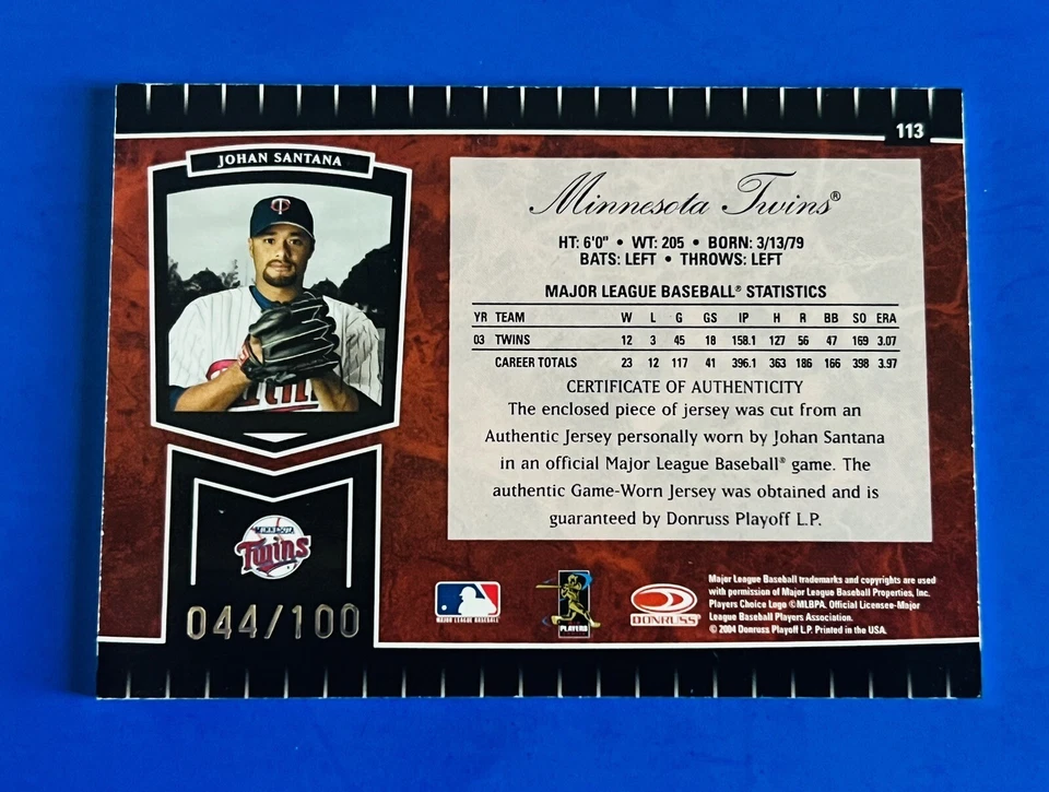2004 Leaf Certified Cuts Johan Santana Spectrum Foil GU Jersey Card #113; #d/100 - Image 2 of 2