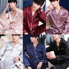 Neu Herren Seide Satin Schlafanzug Pyjama Satz Lang Arm Nachtwäsche Pyjama L-3XL